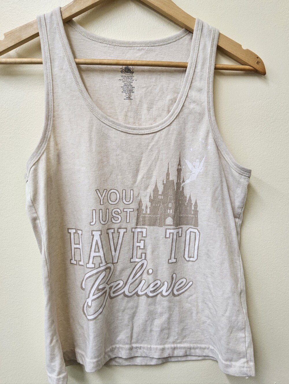 Disney Light Beige Graphic Tank Top with White Print Tinkerbell